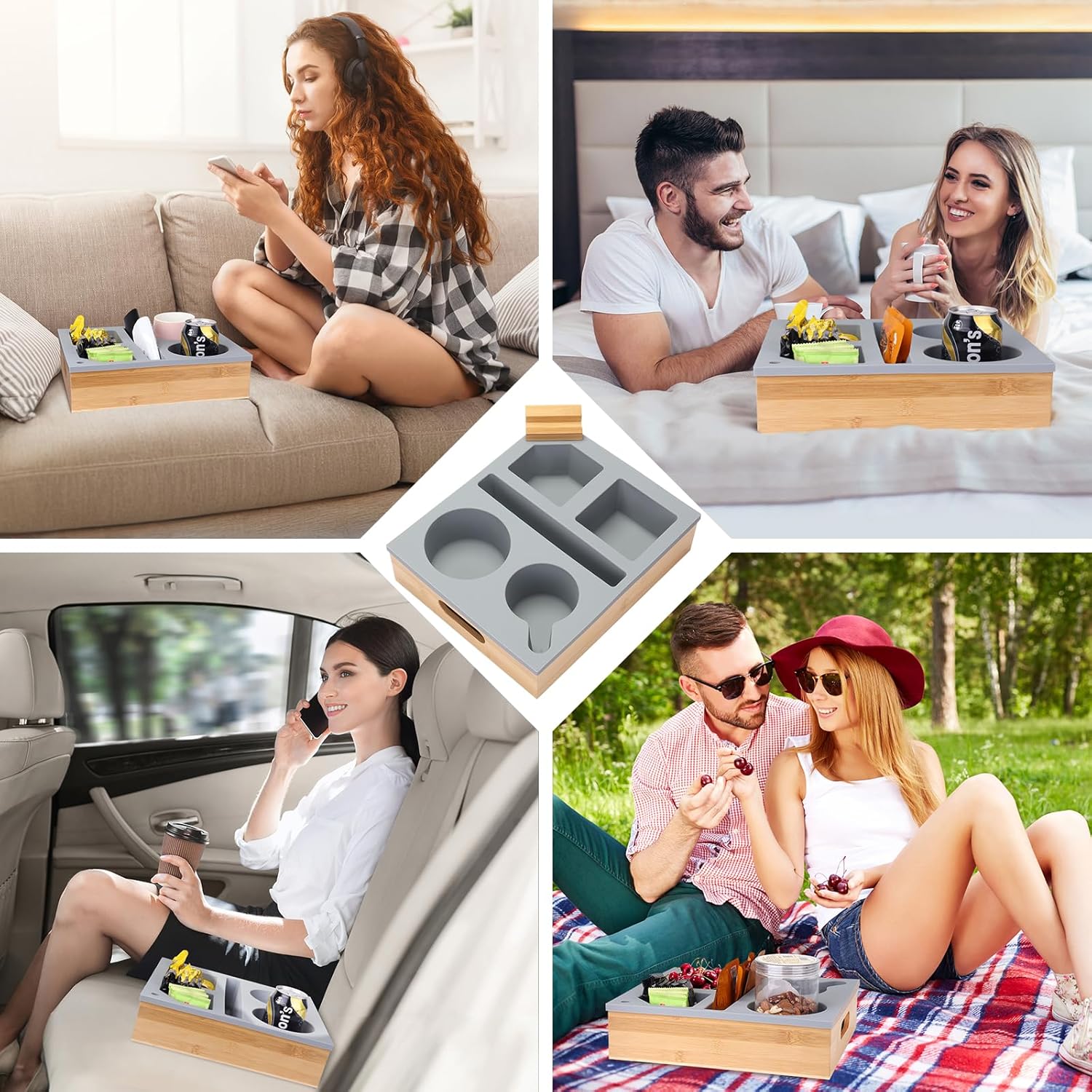 Couch Cup Holder Tray, Couch Caddy with Rotatable Phone Holder, Wooden Sofa Drink Holder with Handle for Bed Car Seat Beach Organizer, Anti-Spill for Snacks Beverage Remote Grey
