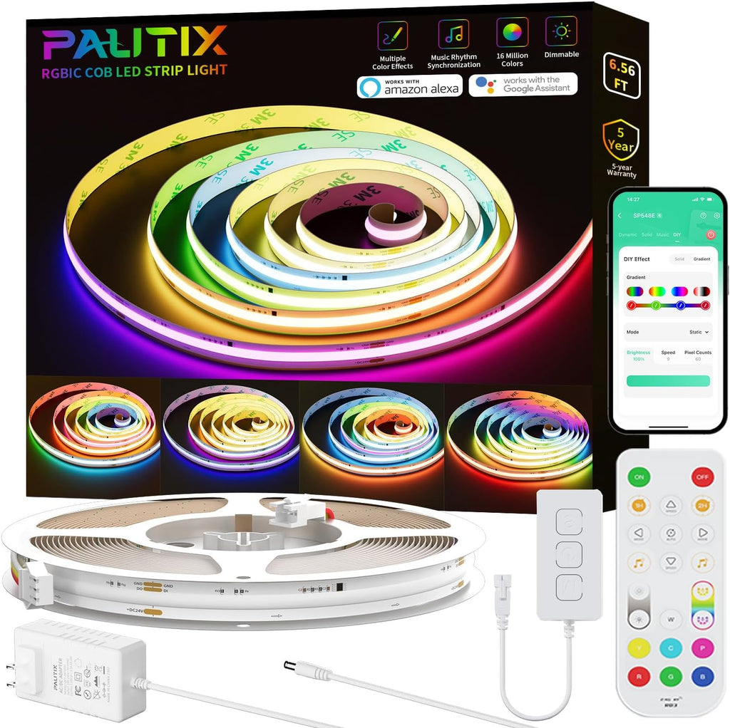 PAUTIX RGB Smart IC COB LED Strip Lights,6.56ft/2m Addressable UL-Listed 24V Chasing Color Flexible Tape Light Multicolor,Work with Alexa/Google Assistant,for Cabinet,TV,Bedroom,Party DIY Decoration