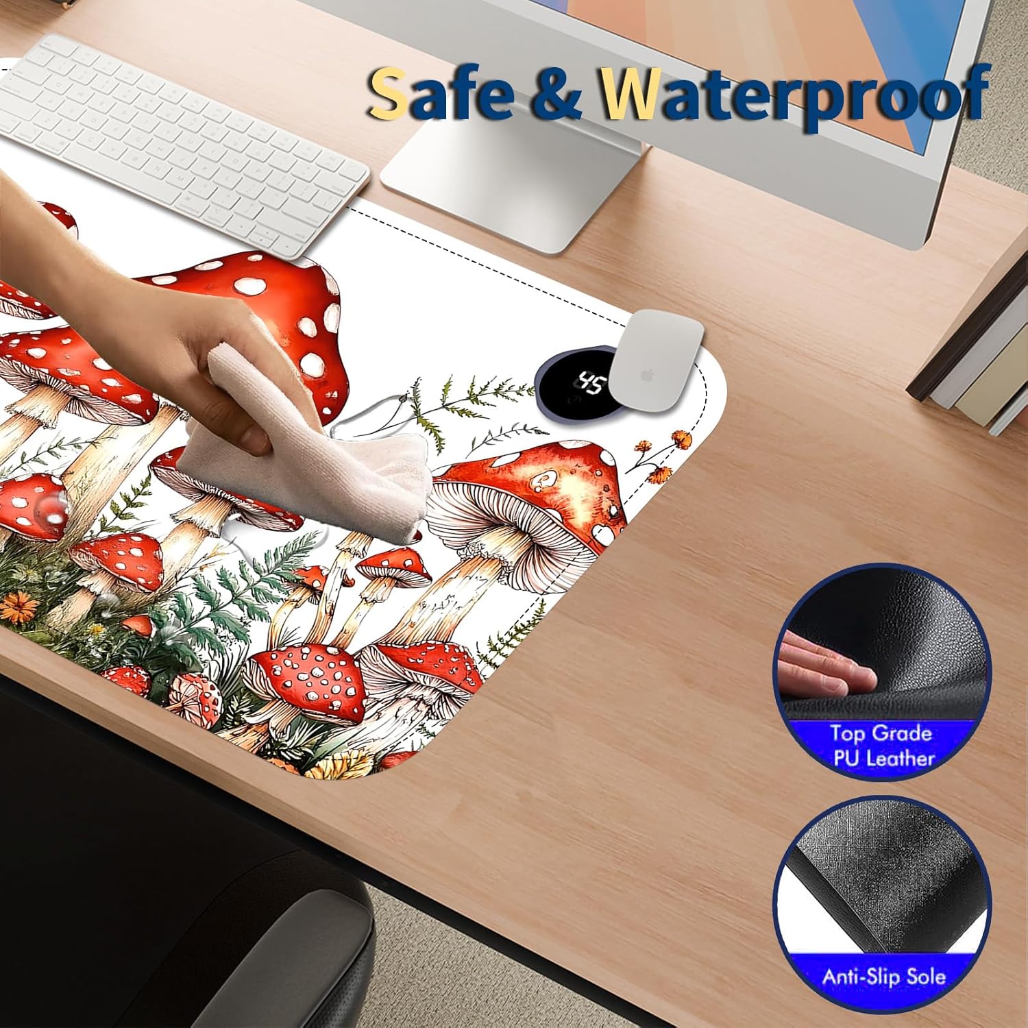 Heated Mouse Pad with 3 Temperature Settings(104°F–122°F),Large 24x14.2 Inch PU Leather Heated Desk Mat,Waterproof Warming Pad for Office,Gaming & Cold Hands Relief,Red Mushroom