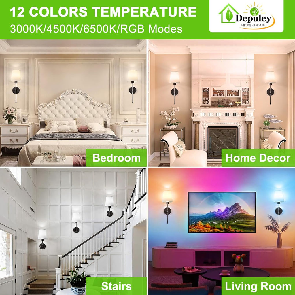 Depuley Battery Operated Wall Sconce: 19.9 Inch Set of 2 Wireless Wall Lights with Remote for Bedroom - Rechargeable 15 Colors Black Wall Lamp for Living Room Hallway Decor