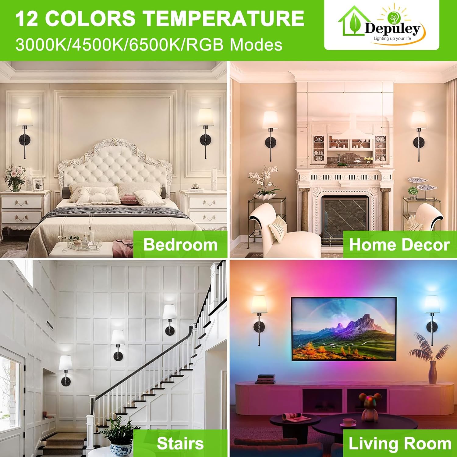 Depuley Battery Operated Wall Sconce: 19.9 Inch Set of 2 Wireless Wall Lights with Remote for Bedroom - Rechargeable 15 Colors Black Wall Lamp for Living Room Hallway Decor