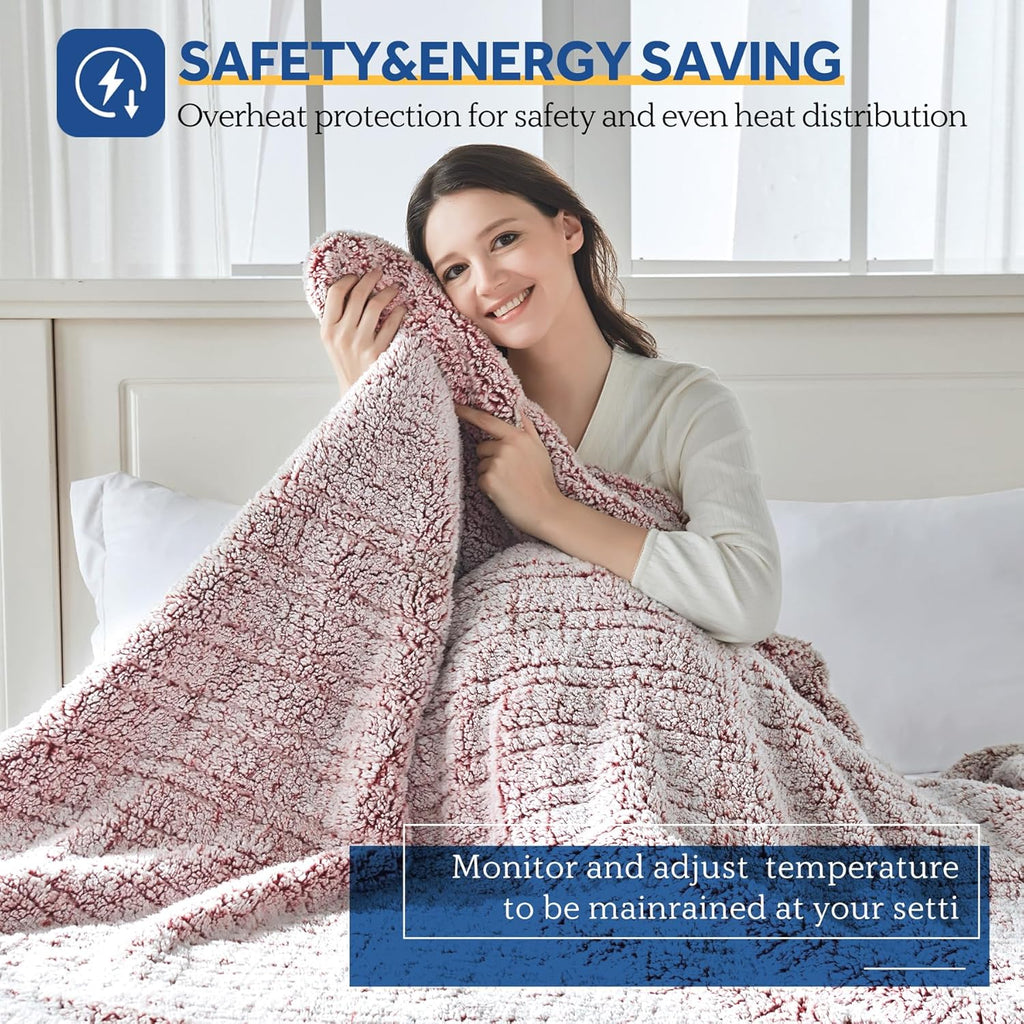 SEALY Electric Blanket Twin Size, Soft Sherpa Heated Blanket Single Control with 10 Heating Levels & 1 to 12 Hours Auto-Off Settings Over-Heated Protection 62"x84" Machine Washable, Rust Red