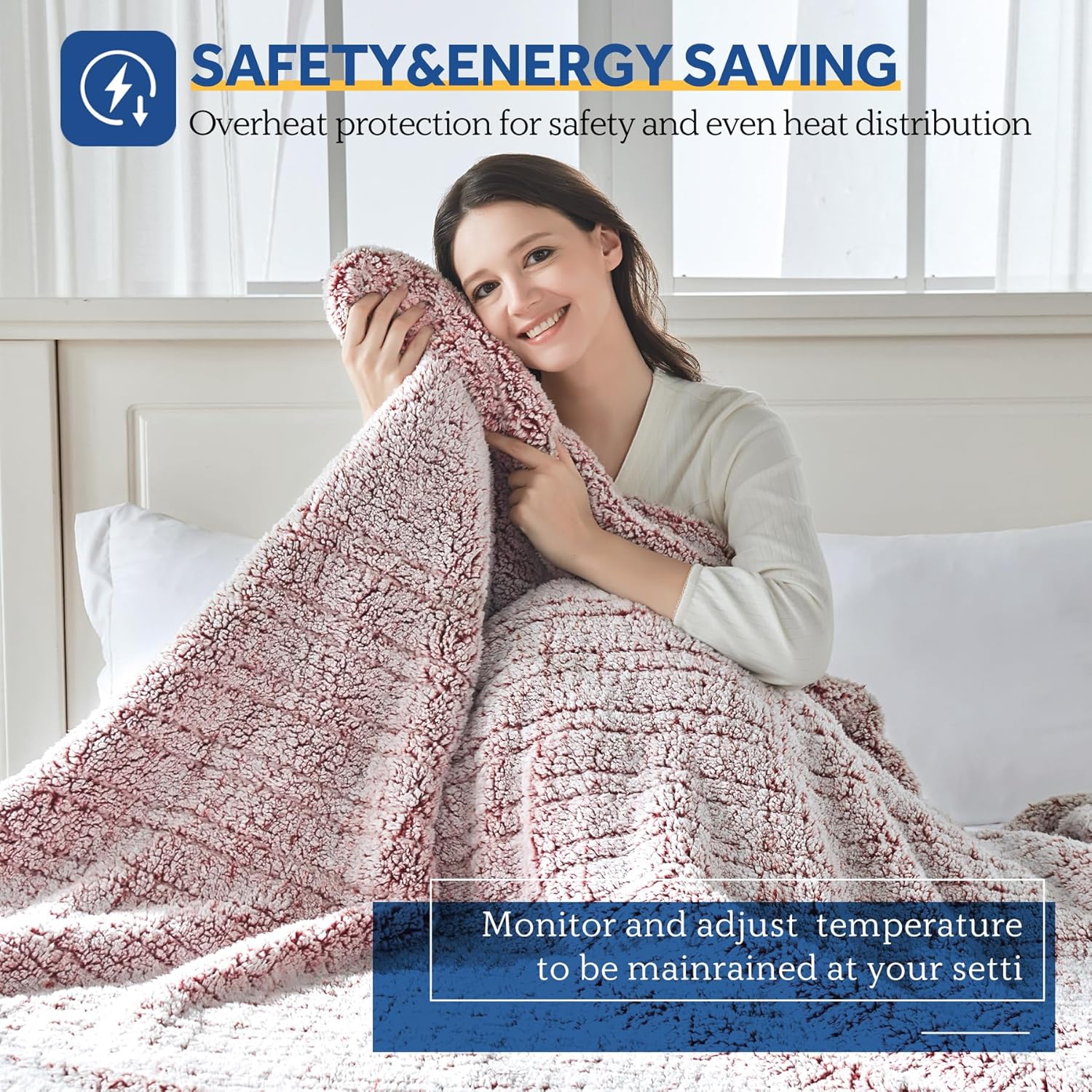 Sealy Electric Blanket Full Size, Soft Sherpa Heated Blanket Single Control with 10 Heating Levels & 1 to 12 Hours Auto-Off Settings Over-Heated Protection 80"x84" Machine Washable, Rust Red