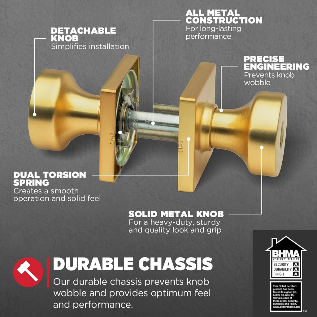 Kwikset Pismo Entry Door Knob with Lock and Key, Secure Keyed Handle Exterior, Front Entrance and Bedroom, Satin Brass, 10 Pack, Pick Resistant SmartKey Rekey Security