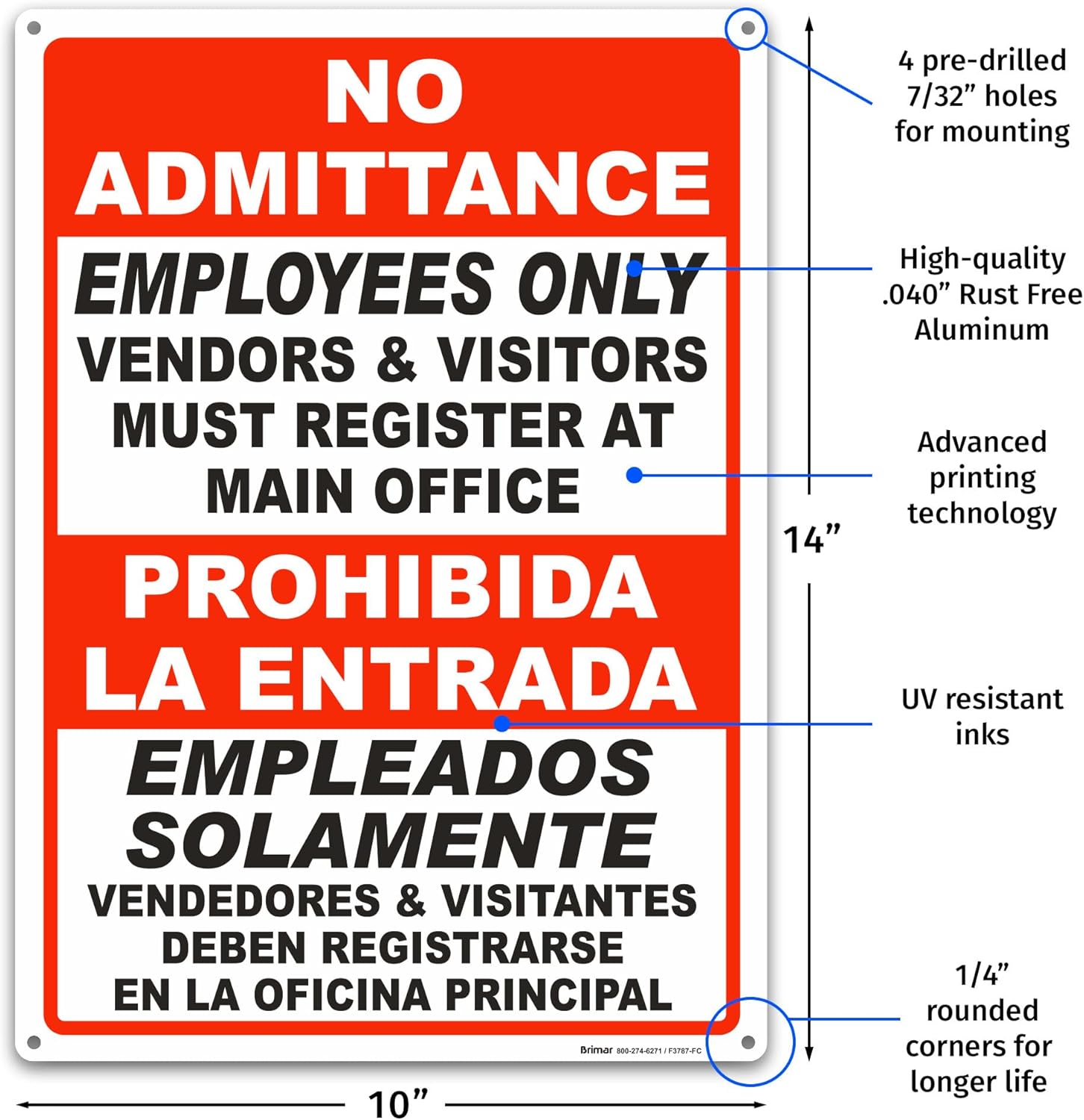 Brimar - 10" x 14" - Bilingual Vendors & Visitors Must Register Sign - .040″ Rust-Free Aluminum - High Visibility - Easy Installation