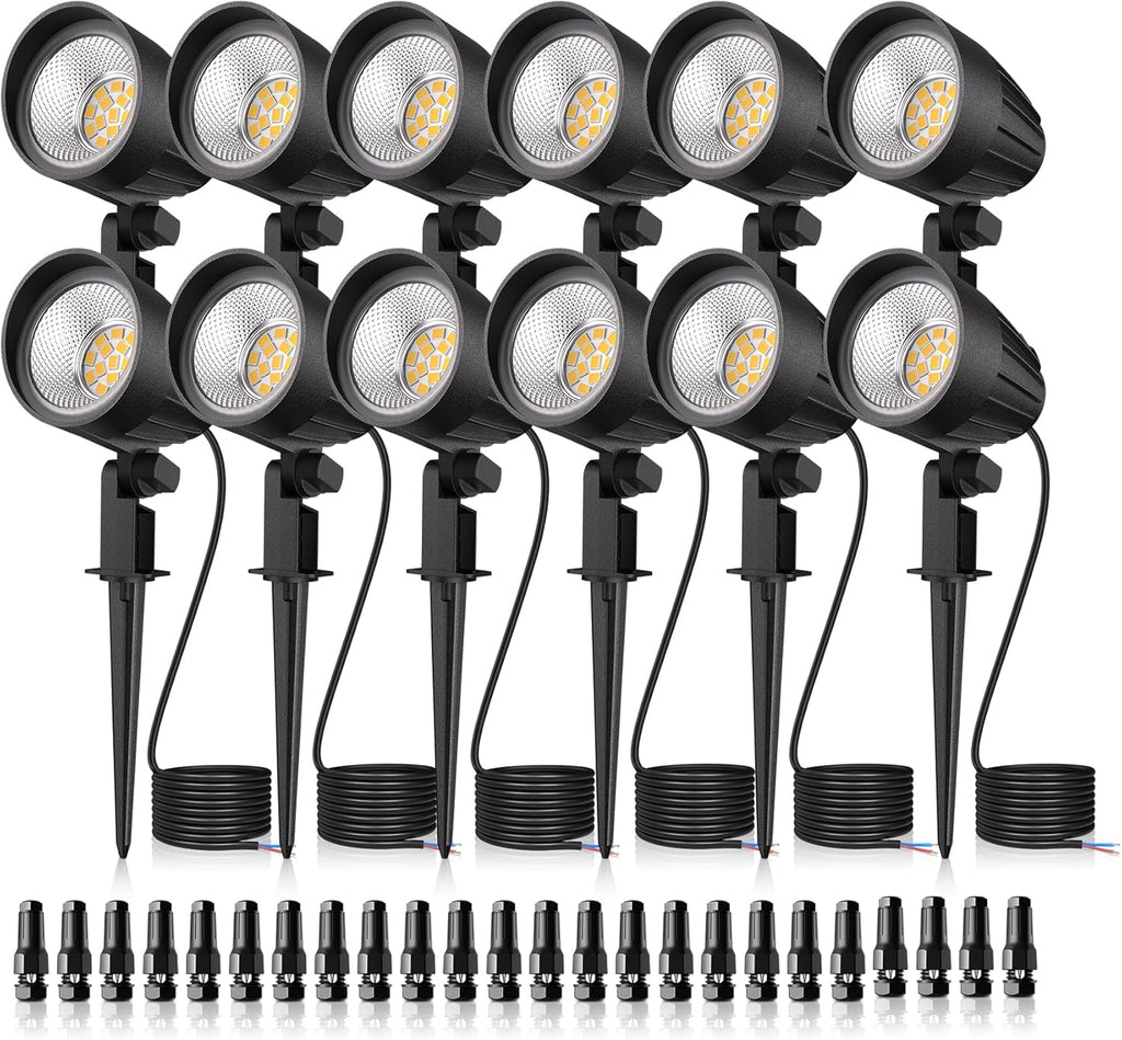 MEIKEE 7W LED Landscape Lights, 12V/24V Low Voltage Landscape Lighting IP66 Outdoor Spotlights Warm White Garden Lights with Connectors for Pathway Yard Patio 12 Pack