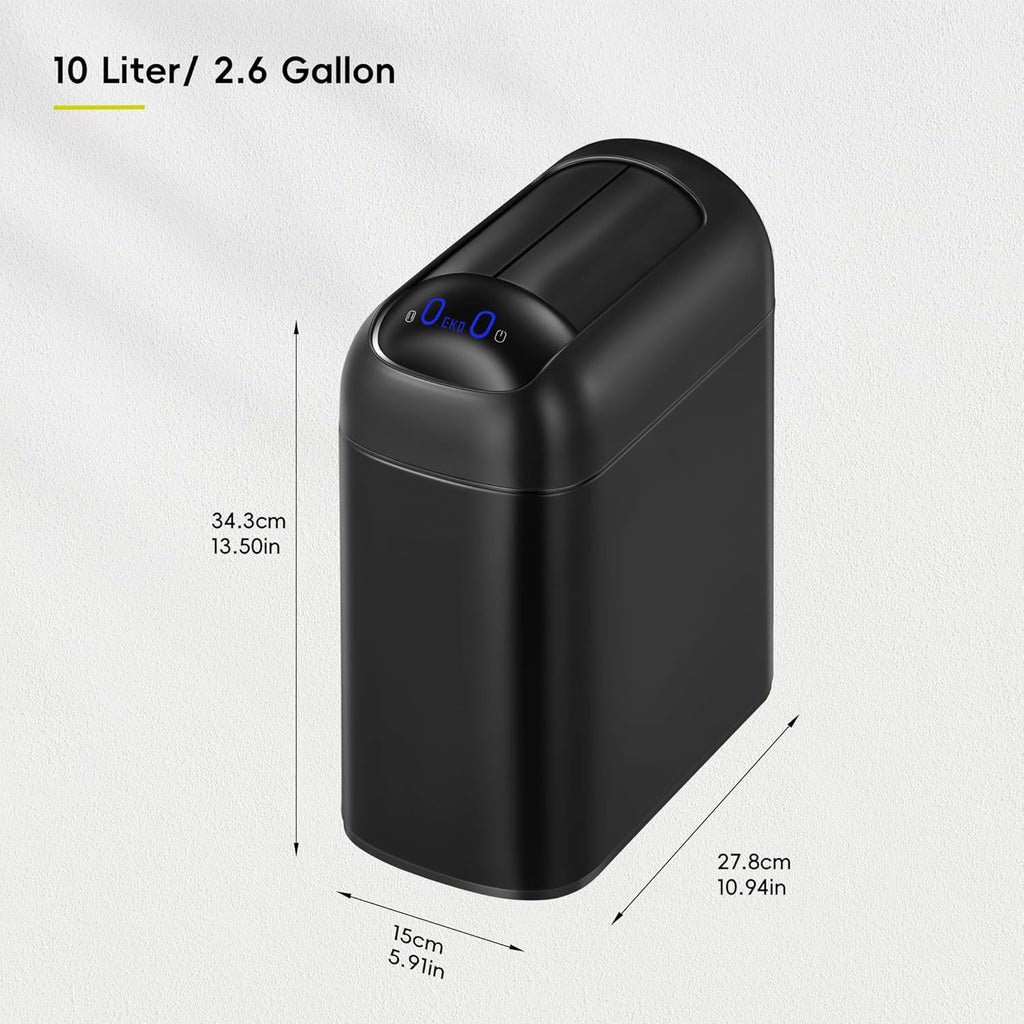 EKO Astro Slim Sensor Trash Can, 10L / 2.6 Gallon Touchless Garbage Bin with Soft-Close Butterfly Lid, Motion Sensor Stainless Steel Trash Can for Bathroom, Kitchen and Office, Matte Black, Waterproof