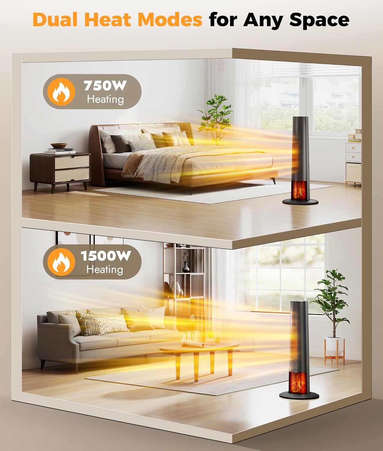 Tower Heater for Indoor Use - 25" Portable Space Heater with 3D Flame, Remote, Adjustable Thermostat, 2 Heat Modes, Multiple Safety Protection, 12H Timer, Quiet Electric Heater for Large Room