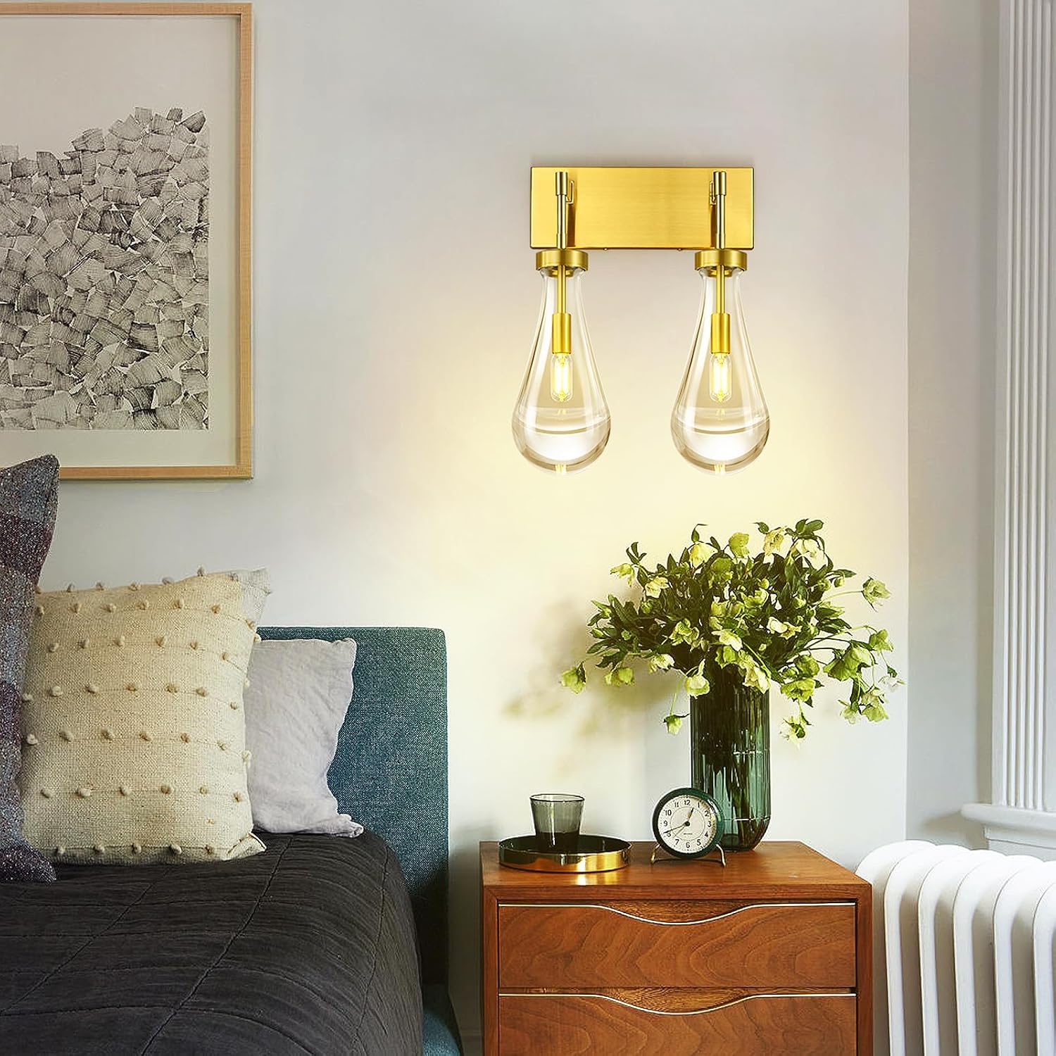Raindrop Wall Sconces Gold Crystal Sconces Wall Decor Modern Lighting Glass Bathroom Sconces Indoor Vanity Light Wall Lamp for Bedroom Living Room Stair(2-Light)