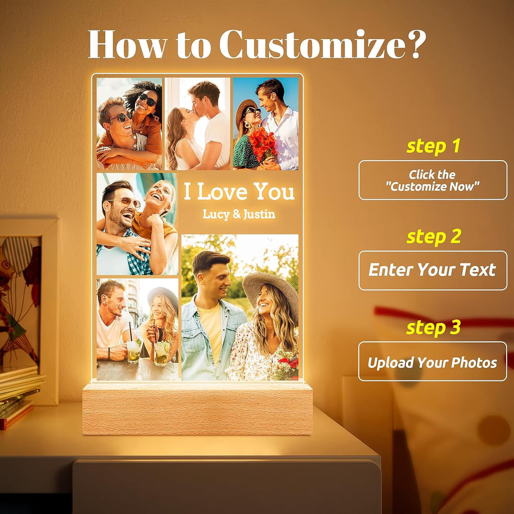 Custom Picture Frames with Photo, Personalized Photo Frame with Night Light, Customized Picture Frame, Personalized Anniversary Valentines Day Gifts for Women Men Her Him Girlfriend Boyfriend Couple