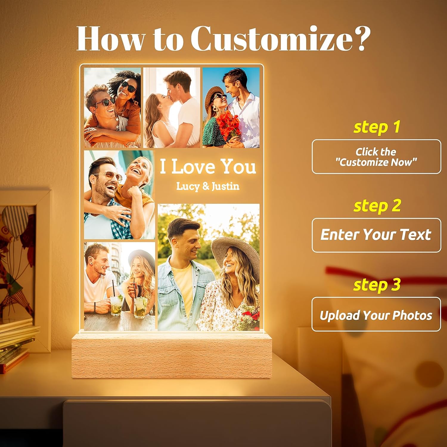 Custom Picture Frames with Photo, Personalized Photo Frame with Night Light, Customized Picture Frame, Personalized Anniversary Valentines Day Gifts for Women Men Her Him Girlfriend Boyfriend Couple