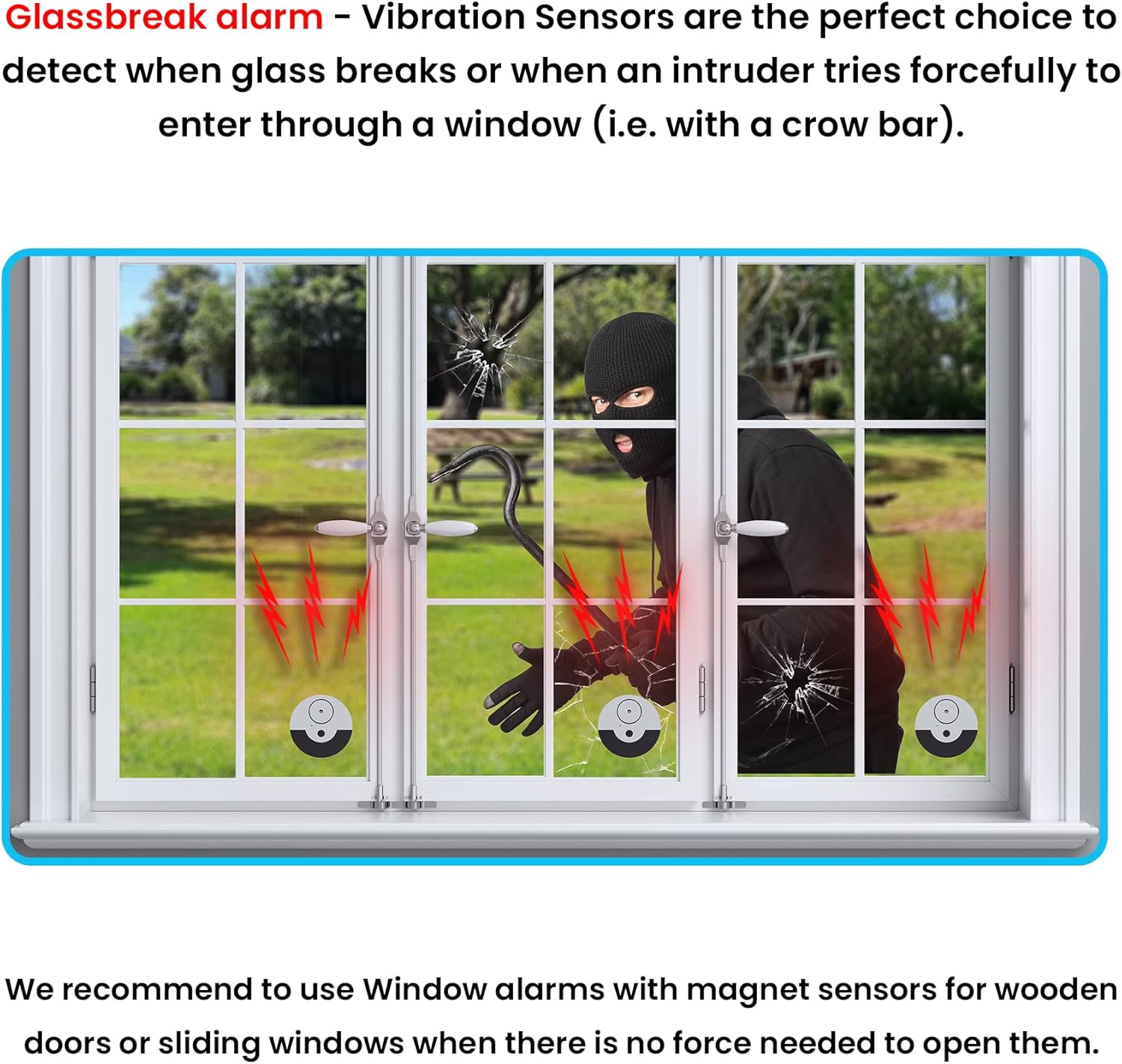 CATSONIC Premium Window Alarm Device Set - Extra Loud 130dB Alarm & Vibration Sensors - Universal Compatibility & Easy Installation - Great for Home, Office & RV Security (6 Set Black)