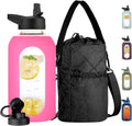 CIVAGO Half Gallon Glass Water Bottle with Straw and Insulated Bottle Holder Sling, 64 oz Motivational Water jug with Time Marker and Silicone Sleeve, Water Flask with 2 Lids, Camelia