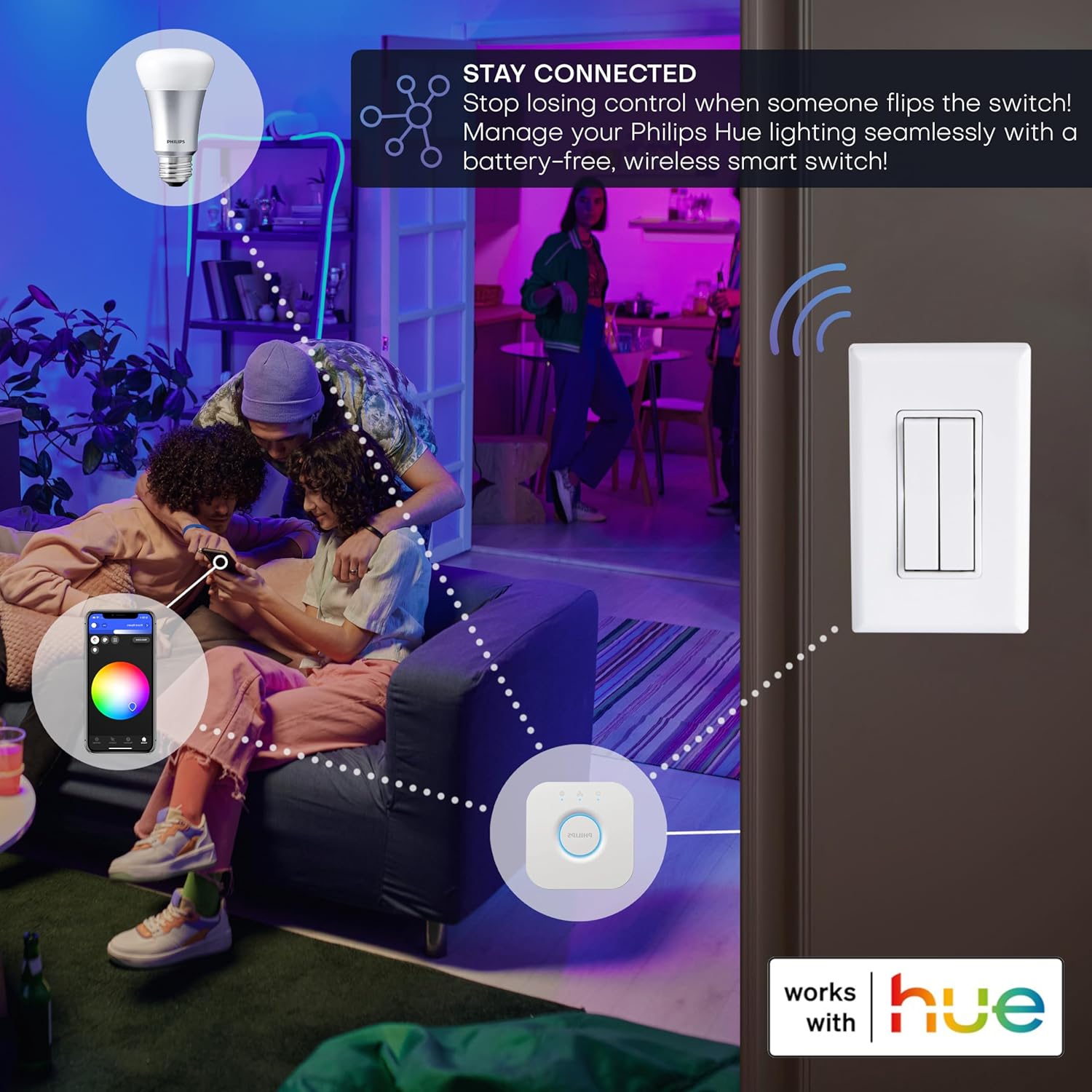 RunLessWire Click for Philips Hue – Battery-Free Wireless Smart Light Switch, 30ft Range – Works Natively with Philips Hue Bridge – Wall Mount Kinetic Switch - Decora Style, Light Almond