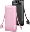 TG90° 2 Pack Slim 10000mAh Power Bank Built-in Foldable AC Wall Plug and Cables,Ultra Compact Cell Phone Charger,Pocket Size USB C Portable Charger Compatible with iPhone Samsung,Black & Pink