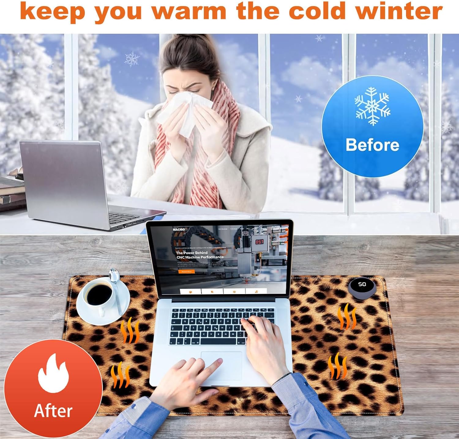 Small Heated Desk Pad 23.6" x 14.2" – Compact Electric Mouse Pad with 3 Heating Levels, Auto Shut-Off, Waterproof PU Surface, Plug-in Warmer for Office or Home Use, Leopard Print