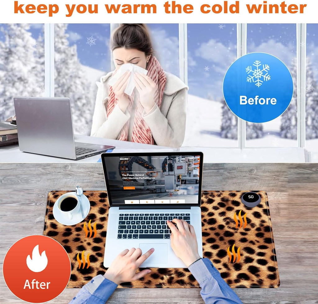 Heated Mouse Pad for Desk 31.5" x 13" – PU Leather Warm Desk Pad with 3 Heat Levels (104°F/113°F/122°F), Plug-in Electric Heating Mat with Auto Shut-Off, Waterproof & Rollable, Leopard Print