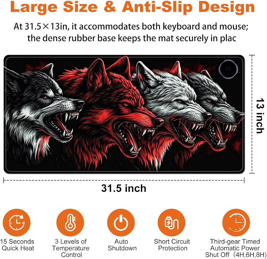 Heated Mouse Pad for Desk 31.5" x 13" – PU Leather Warm Desk Pad with 3 Heat Levels (104°F/113°F/122°F), Plug-in Electric Heating Mat with Auto Shut-Off, Waterproof & Rollable, Four Wolves