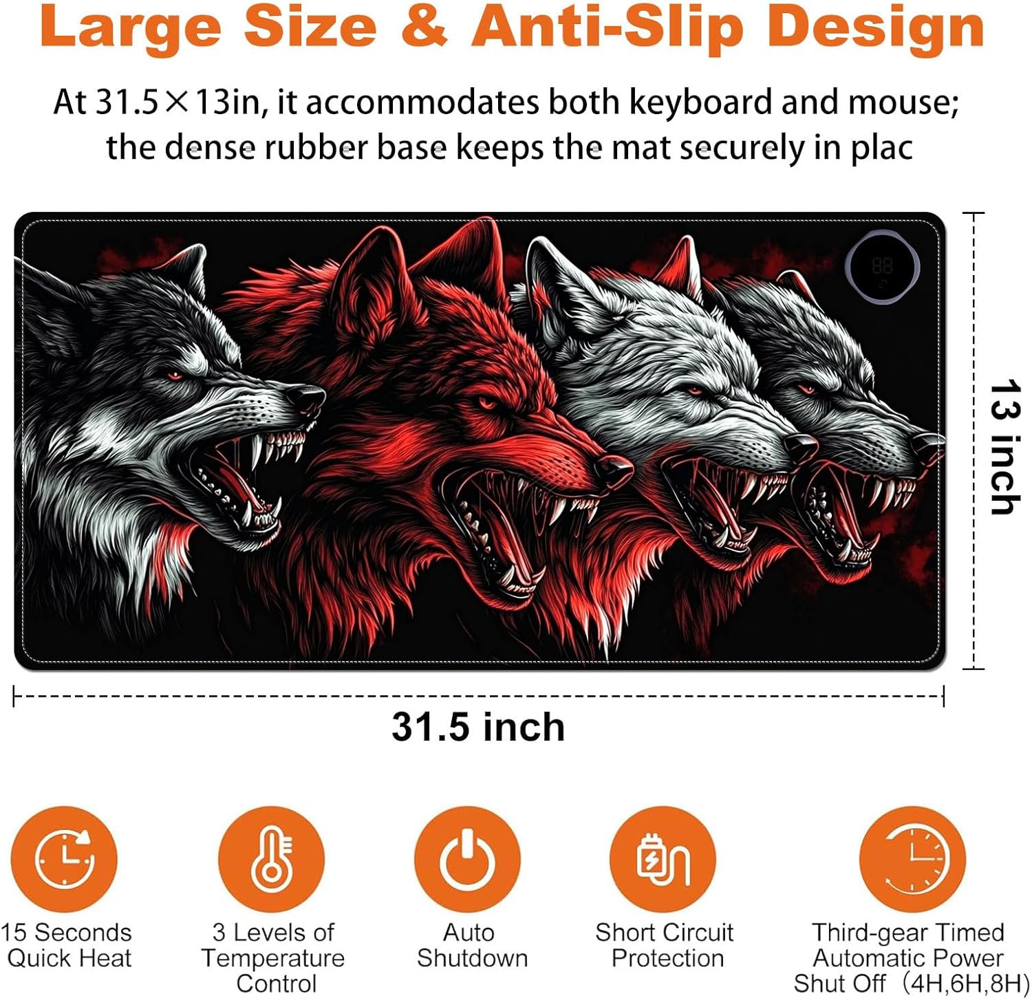 Heated Mouse Pad for Desk 31.5" x 13" – PU Leather Warm Desk Pad with 3 Heat Levels (104°F/113°F/122°F), Plug-in Electric Heating Mat with Auto Shut-Off, Waterproof & Rollable, Four Wolves