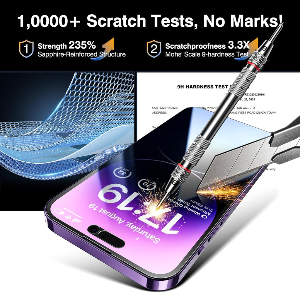 EZ-GLAZ-4+2 Pack for iPhone 14 Pro Privacy Screen Protector[6.1 inches] With Camera Lens Protector, [Drop Protection] 9H Hardness Full Coverage Anti-Spy Tempered Glass Film, Easy to install