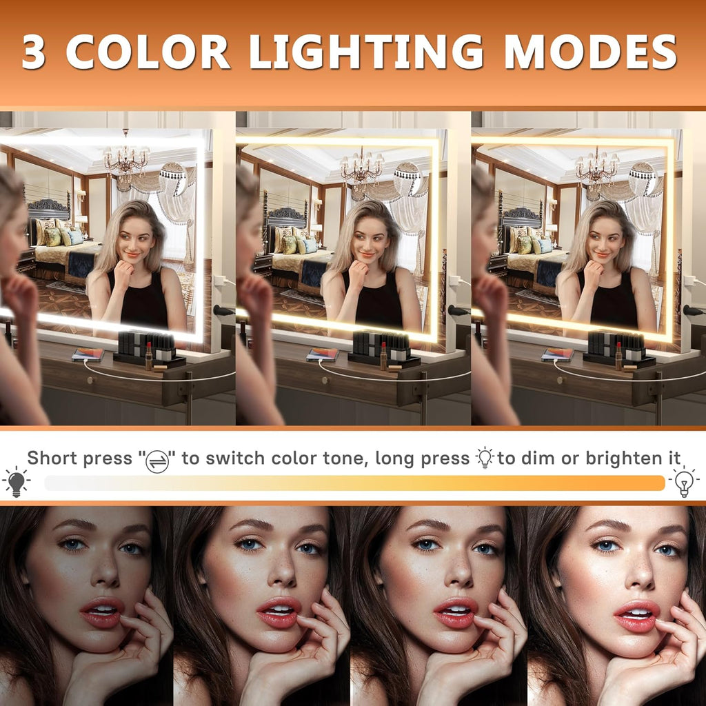 Hasipu Vanity Mirror with Lights, 32" x 22" LED Makeup Mirror, Lighted Makeup Mirror with Dimmable 3 Modes, Touch Screen Control Vanity Mirror Square White