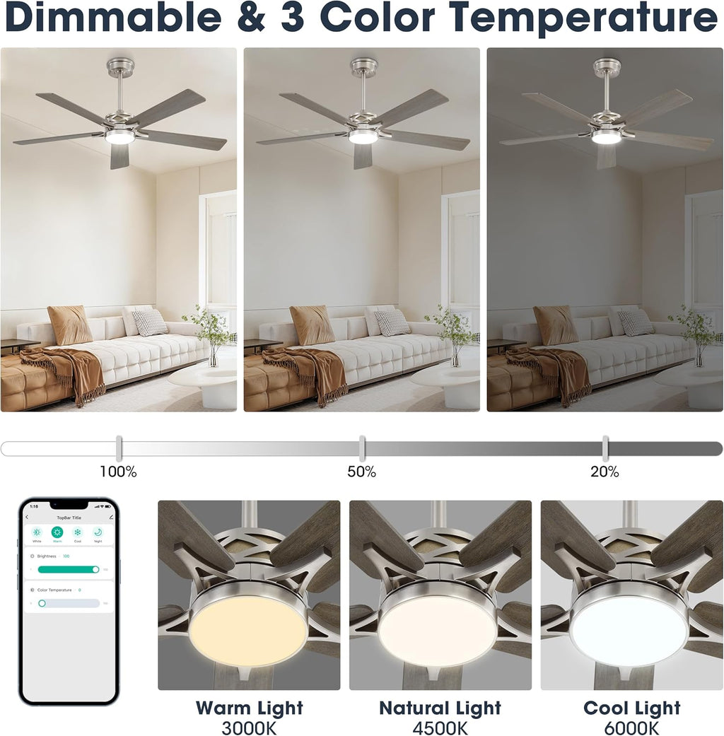 WINGBO 52" Smart Ceiling Fan with Lights, 5 Plywood Blades, 6 Speeds Reversible DC Motor, Works with Alexa and Google Assistant, 3CCT Dimmable LED Ceiling Fan for Bedroom Living Room, Nickel and Grey