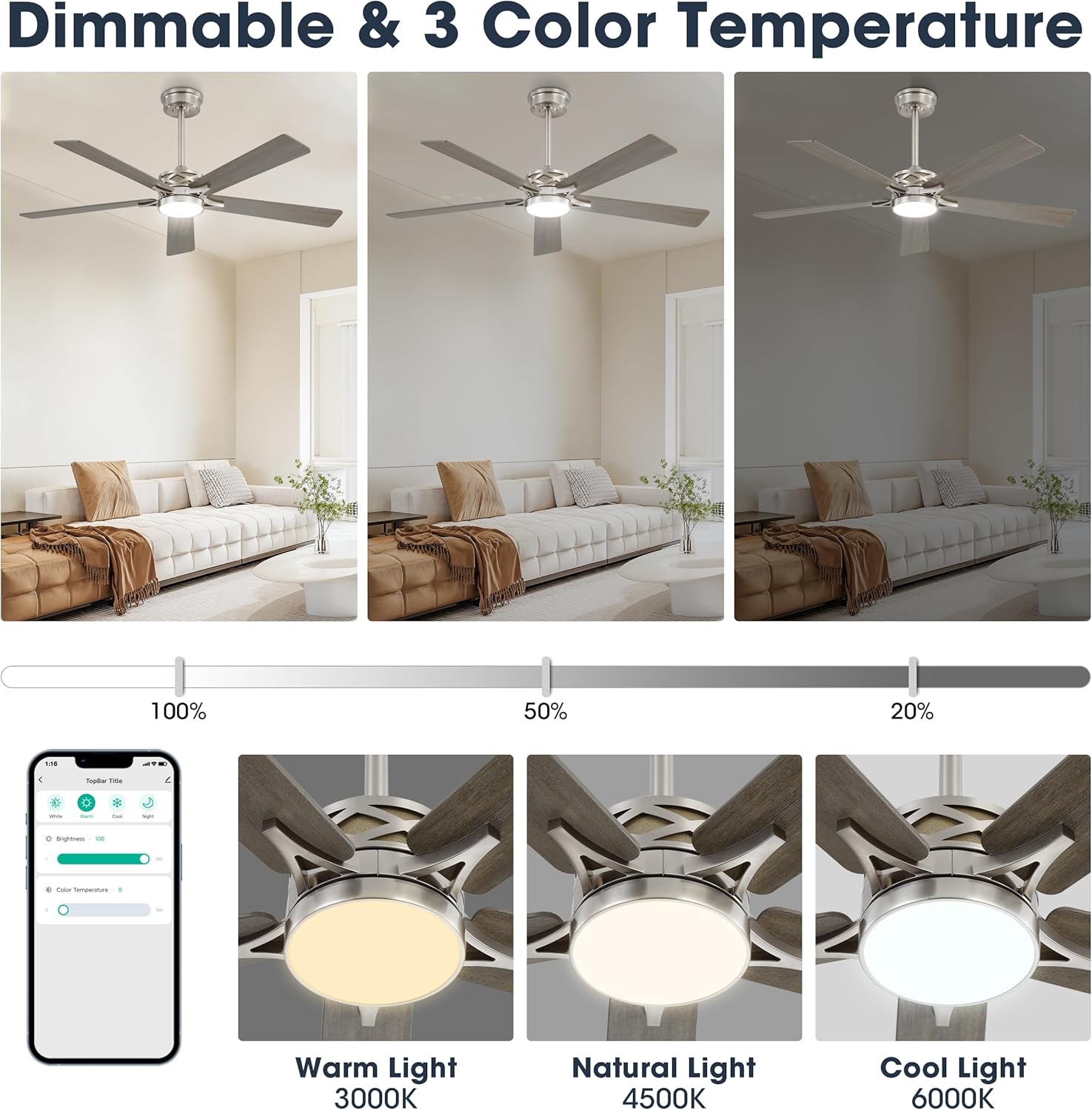 WINGBO 52" Smart Ceiling Fan with Lights, 5 Plywood Blades, 6 Speeds Reversible DC Motor, Works with Alexa and Google Assistant, 3CCT Dimmable LED Ceiling Fan for Bedroom Living Room, Nickel and Grey