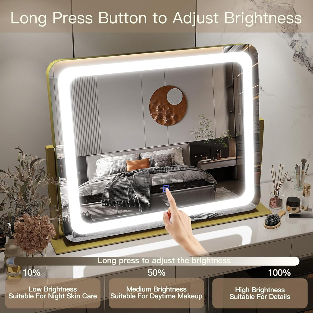 FENNIO Gold Vanity Mirror with Lights 22"x19", LED Lighted Makeup Mirror, Large Makeup Mirror, Make up Mirror with Lighting,Touch Screen with 3-Color Lighting,Dimmable,for Vanity Desk Tabletop