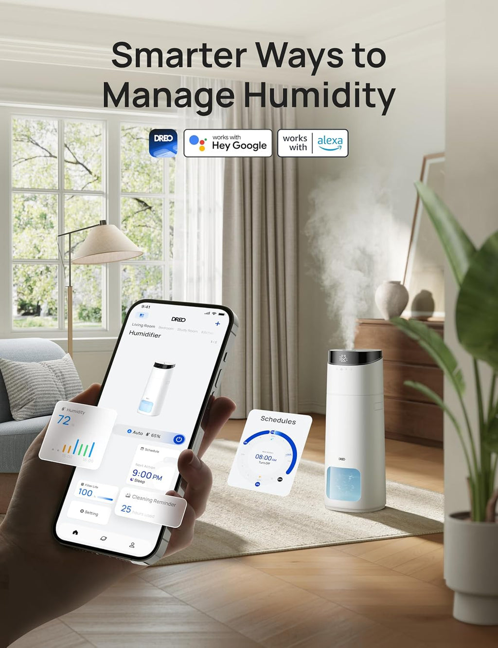 Dreo 16L Smart Humidifier Large Room 1000 ft², 130H Cool Mist Air Humidifiers for Bedroom Plants Baby, Top Fill, Remote/Touch/Voice & APP Control, Clean Tank Technology, 30dB, RGB Light, HM755S White