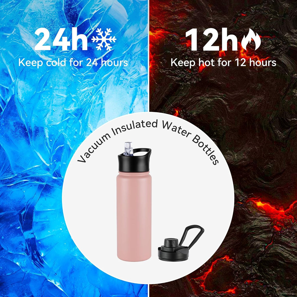 24oz Insulated Water Bottle with Straw Lid, Stainless Steel Metal Water Bottle with Straw & Wide Mouth Lid, Double Wall Vacuum for Hiking Camping, Peach 8 Pack