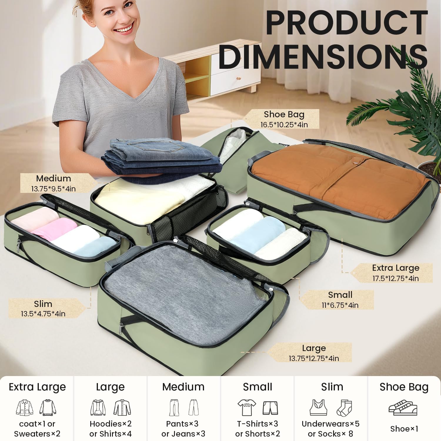 BAGAIL 4 Set/6 Set/8 Set Compression Packing Cubes Travel Accessories Expandable Packing Organizers (Half Mesh, 6-Matcha Green)