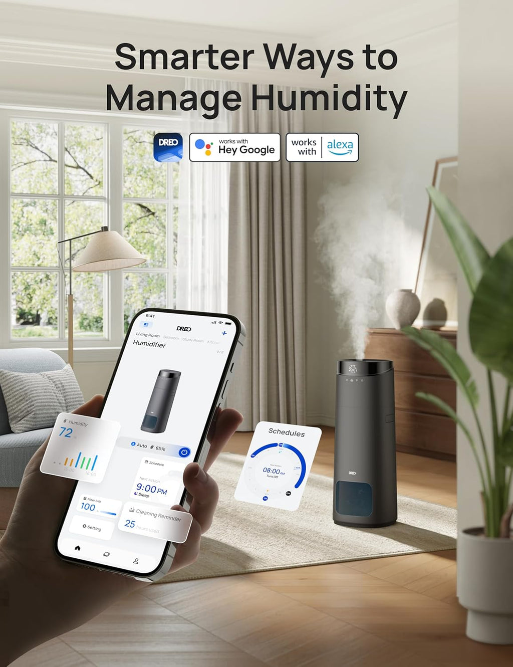 Dreo 16L Smart Humidifier Large Room 1000 ft², 130H Cool Mist Air Humidifiers for Bedroom Plants Baby, Top Fill, Remote/Touch/Voice & APP Control, Clean Tank Technology, 30dB, HM755S Grey