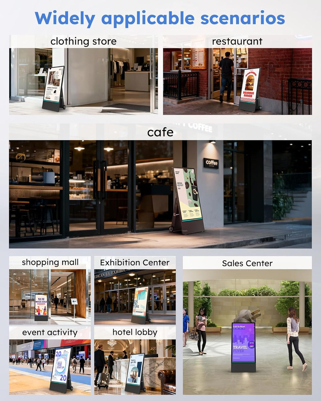 HARZHI 43 Inch Outdoor Digital Signage Display, Portable Powered High Brightness Screen Advertising Display Kiosk, Movable Waterproof Standing Poster, Business Helper, Android OS MWE
