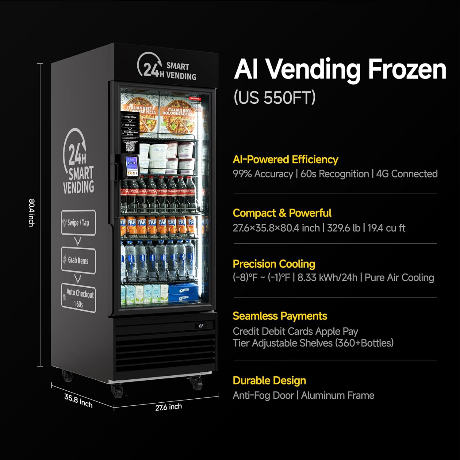 HAHA Smart Vending DC-550D Combo Vending Machine,Smart Refrigerated Beverage Vending Machine with Touch Card Reader - Capacity 378 Bottles (Black, AI Frozen)