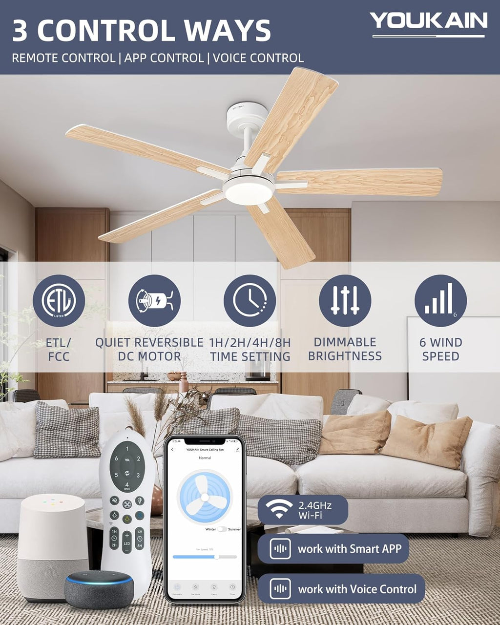 YOUKAIN Ceiling Fans with Lights, 52 Inch White Ceiling Fans, Bedroom Ceiling Fan with Remote & APP Control, Reversible Blades, LED Ceiling Fan for Cover Outdoor Living Room, 52-YJ812-WH