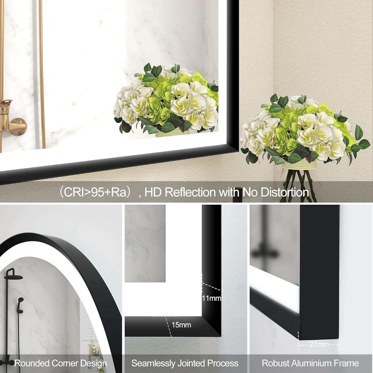 S'bagno 24x36 Arched Black LED Mirror for Bathroom with Frontlit & Backlit, LED Bathroom Mirror with Metal Frame, Anti-Fog, Stepless Dimmable, 3 Color Temperature Vanity Mirror