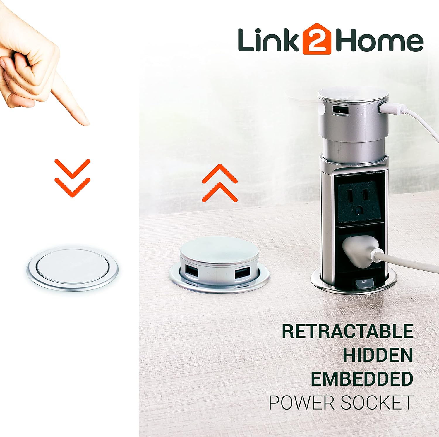Link2Home Space Saver Pop Up-Outlet, 2 Power Outlets, 2 USB Ports 2.4 Amp, Overload Protection, Splash Resistant EM-PU-200E
