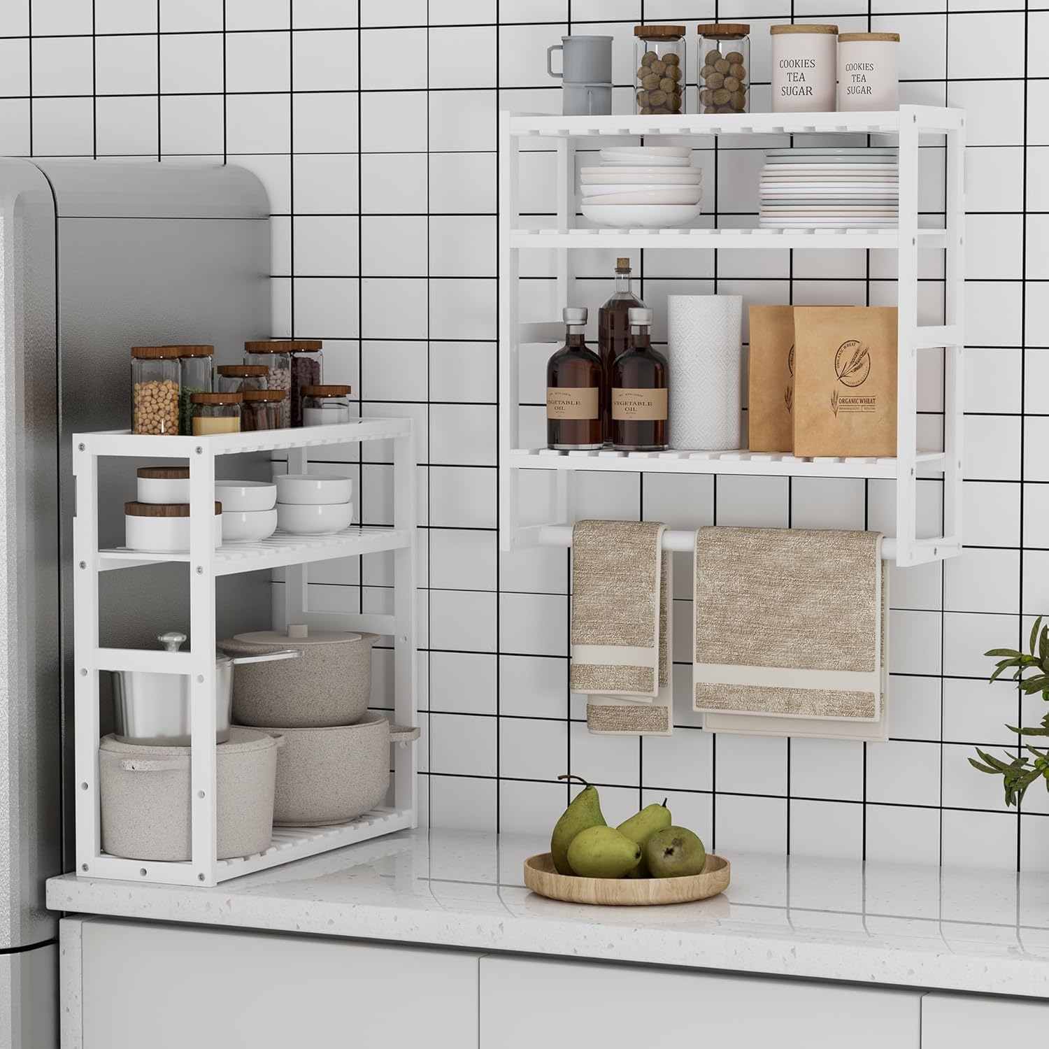 Towel Rack Bathroom Storage Shelves Over The Toilet with Towel Bar 100% Bamboo Adjustable Height Floating Shelf Wall Shower Shelf for Small Space Bathroom Kitchen Multi Usage White New 2Pack