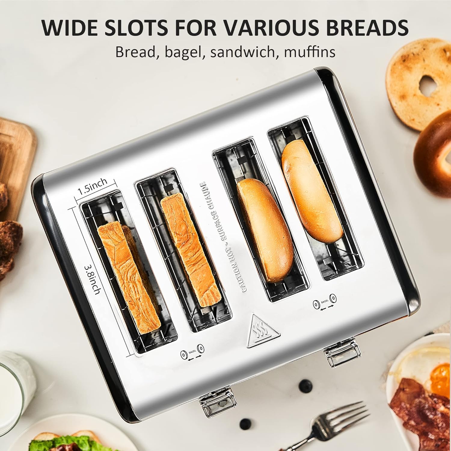 Roter Mond Countdown Stainless Steel 4 Slice Toaster with Bagel, Defrost, Cancel Function, Dual Toaster, Extra Wide Slots, 6 Shade Settings, Removable Crumb Trays, 1650W, Black
