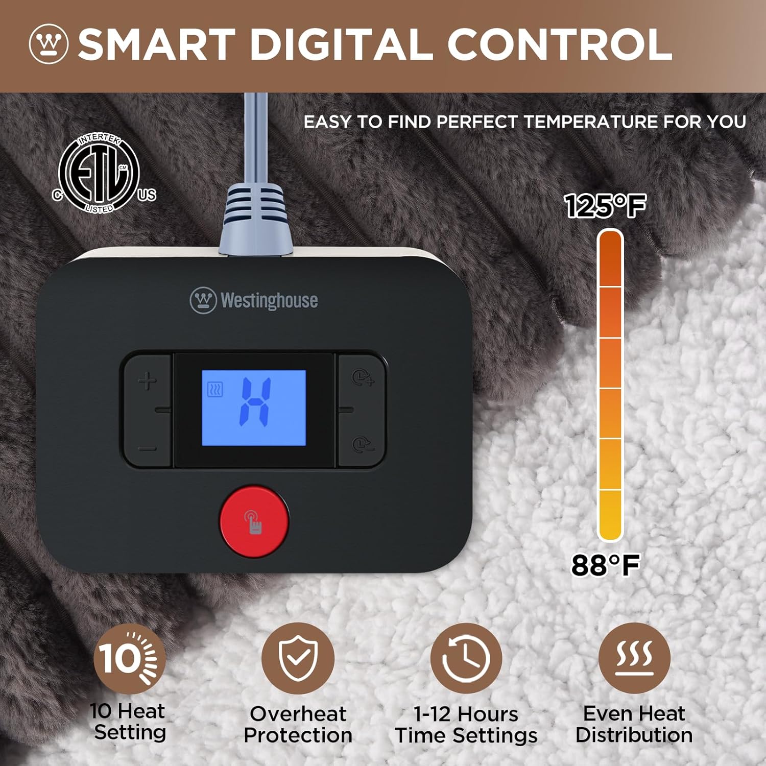 Westinghouse Electric Blanket Twin Size, Super Cozy Luxury Faux Fur & Sherpa Heated Blanket with 10 Heating Levels & 1-12 Hours Auto Off, Fast Heating Blanket, Machine Washable, 62x 84 Inch Charcoal
