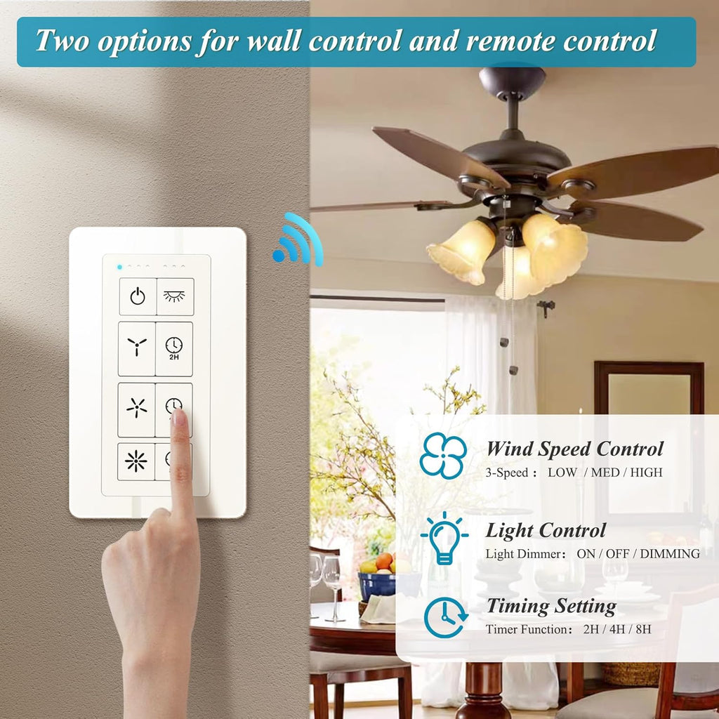 Universal Ceiling Fan Remote Control Kit, Ceiling Fan Wall Switch for 3 Speed and Light Dimmer, Compatible with Hampton Bay Harbor Breeze Hunter, 2-8H Timmer