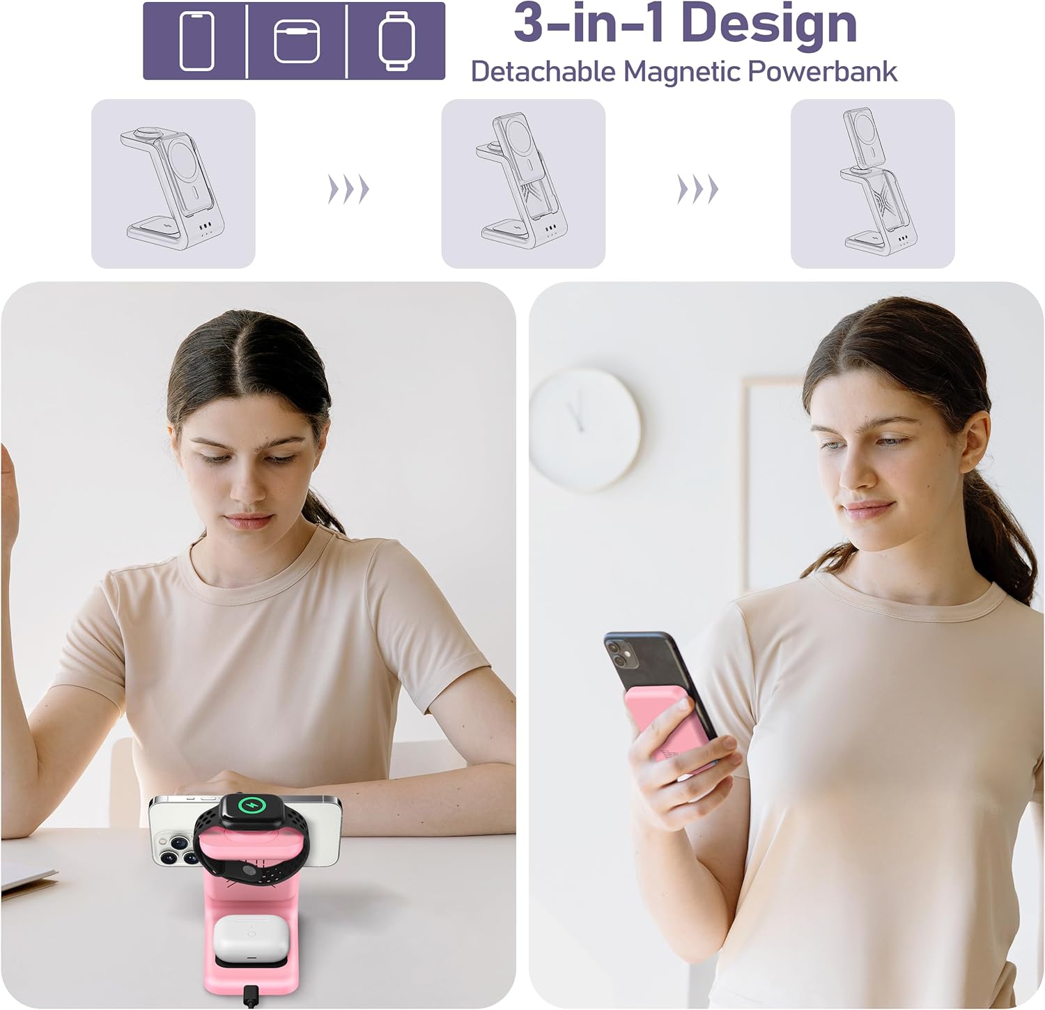 3 in 1 Wireless Charging Station: 5000mAh Removable Power Bank Charger Stand for Phone/Watch/Air Pods - Portable Magnetic Battery Pack for Air 17 16 15 14 13 12 Series Pink