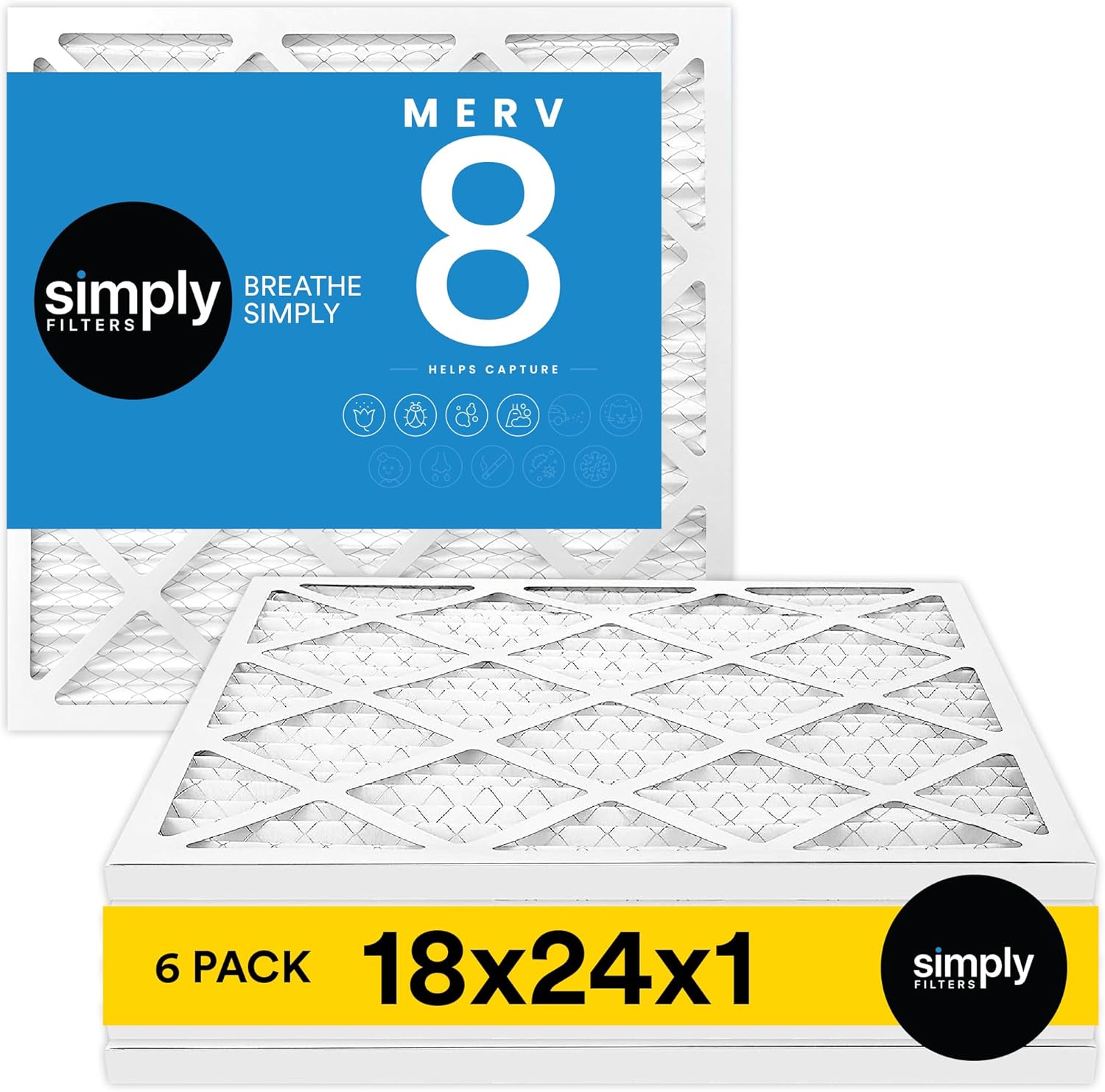 Simply 18x24x1 Air Filter, Merv 8, 6 Pack, For Home AC Furnace & HVAC (Actual Size: 17.75"x23.75"x0.75") DUST, Pet, & Allergy Control
