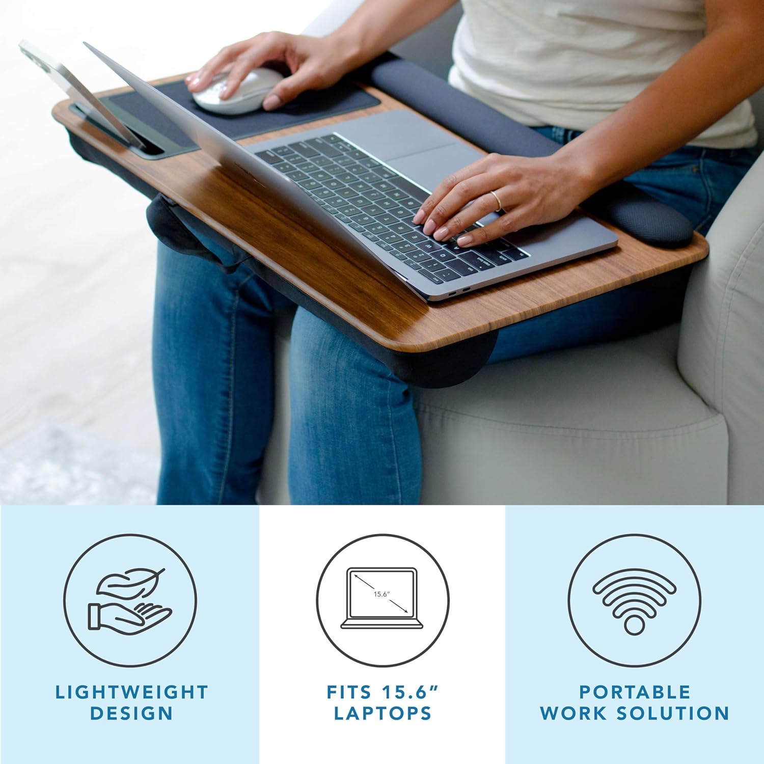 LAPGEAR Home Office Pro Lap Desk with Wrist Rest, Mouse Pad, and Phone Holder - Espresso Woodgrain - Fits up to 15.6 Inch Laptops - Style No. 91612