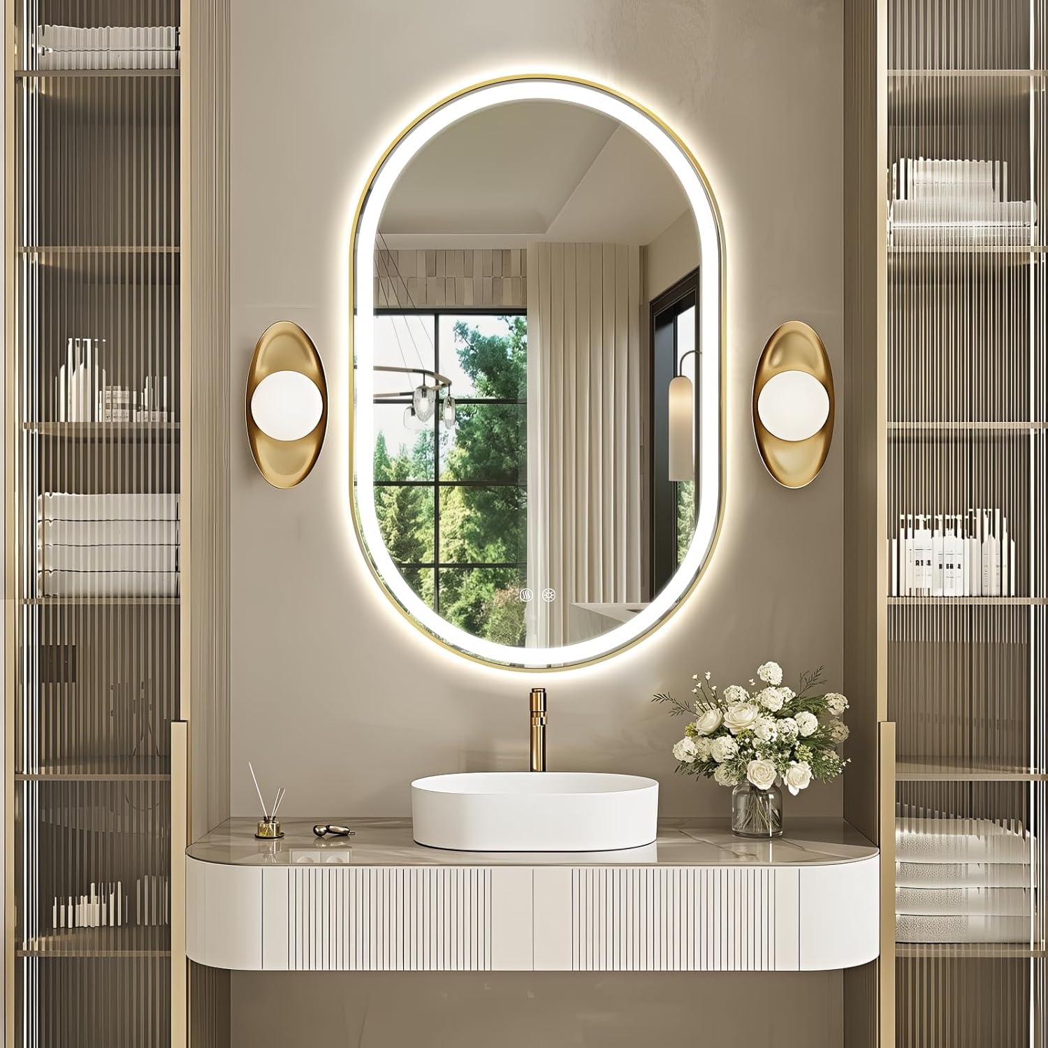 Niccy Oval LED Mirror for Bathroom, 48x30 Front Lit + Backlit Vanity Mirrors with Light Anti-Fog, Shatter-Proof, 3 Colors, Makeup Mirror with Old Gold Frame (Horizontal/Vertical)
