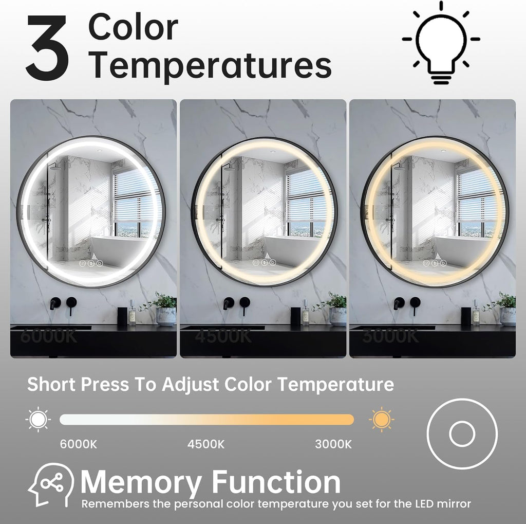 32 Inch Round Led Mirror, Bathroom Mirror with Lights, Black Metal Framed Frontlit Circle Mirrors for Wall with Anti-Fog, Memory Function, 3 Color Temperature, Dimmable Makeup Mirror