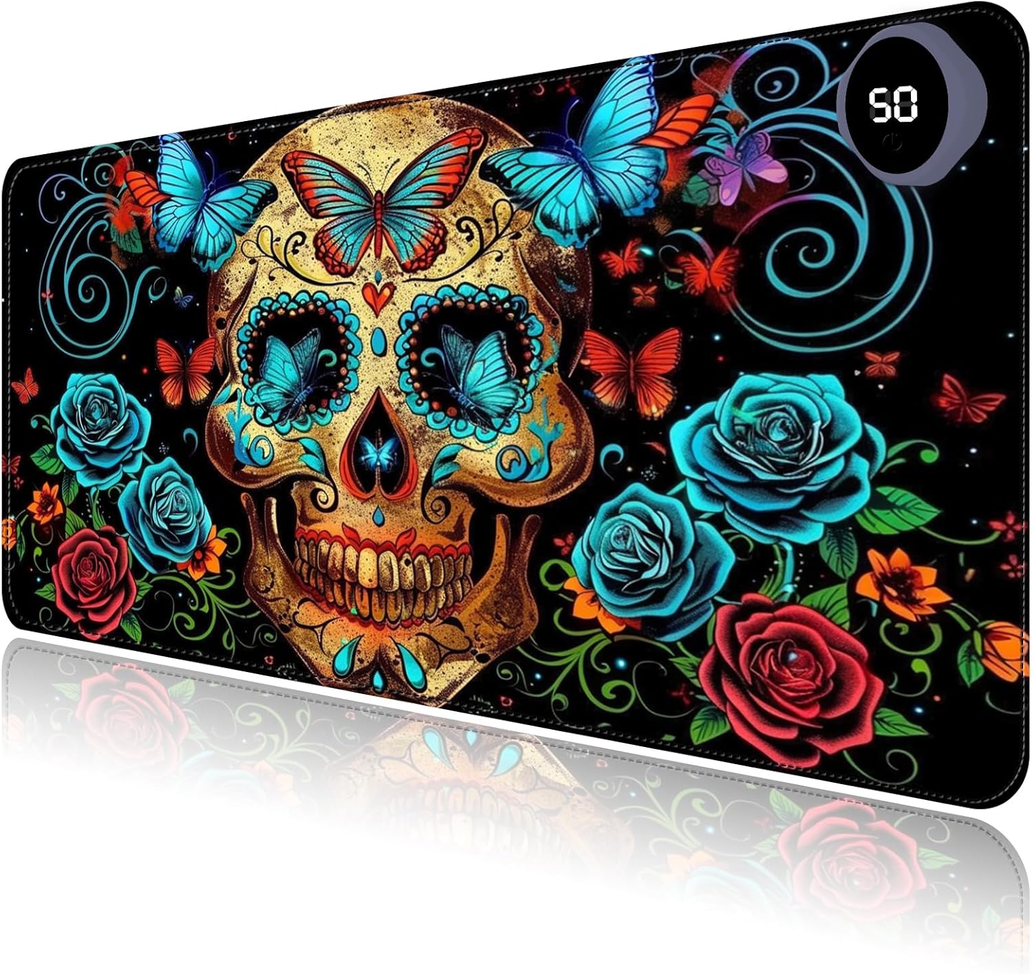 Heated Mouse Pad with 3 Levels Heated & 3 Hours Auto Shut-Off Mouse Pad for Warming Hands in Office Home, 23.6" x 14.2"Large Safe Desk Mat Hand Warmer，Skull Butterfly Blue Rose