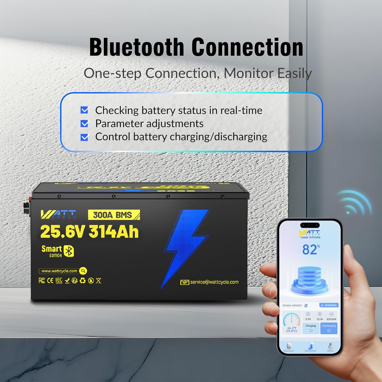 WattCycle 24V 314Ah Lithium Battery 3 Pack, 24V LiFePO4 Battery 300A BMS, LiFePO4 Battery 15000+ Deep Cycles, Rechargable Batteries Built-in Bluetooth, Perfect for Home Energy, RV, Marine, Solar