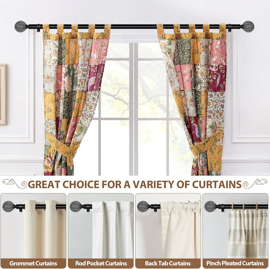 KAMANINA 2 Pack Curtain Rods for Windows 48 to 84 Inch(4-7ft), 1 Inch Boho Wood Decorative Drapery Rods, Adjustable Heavy Duty Curtain Rod with Leaf Pattern Finials, Black