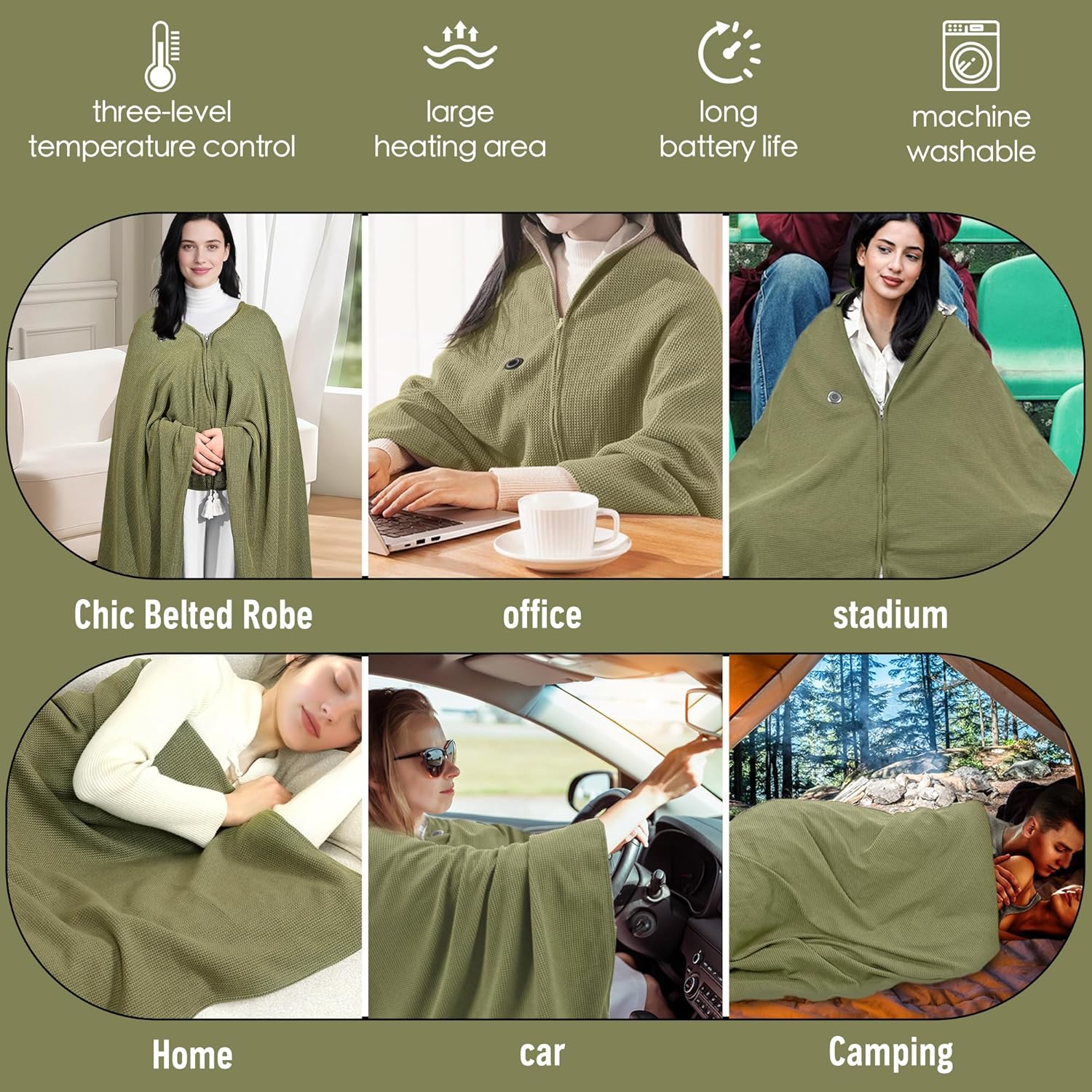 Wearable Heated Blanket Shawl 71" × 43", Includes 2× 20000mAh 22.2W Power Bank, 11 Heating Zones, 3 Heat Levels & 1–6H Timer, 20s Fast Warm, Machine Washable for Camping/Office/Travel (Green)